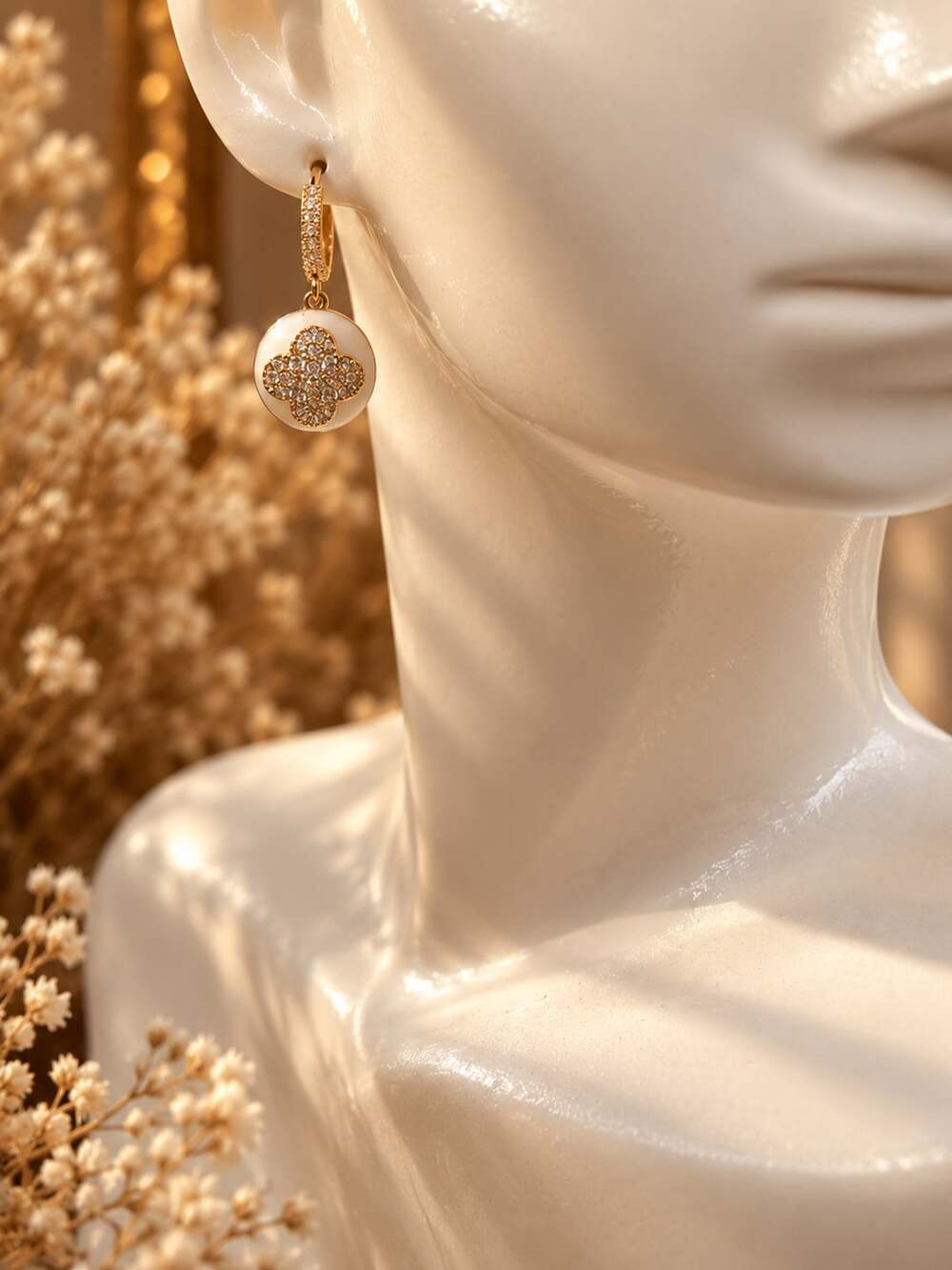Gold Plated Diamond Clover Dangle Hoop Earrings
